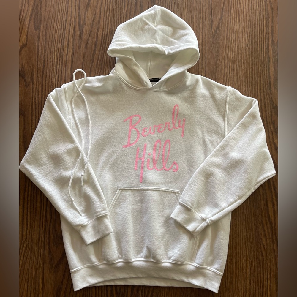 John Eshaya White Hoodie with Pink Beverly Hills Print from Kitson in LA